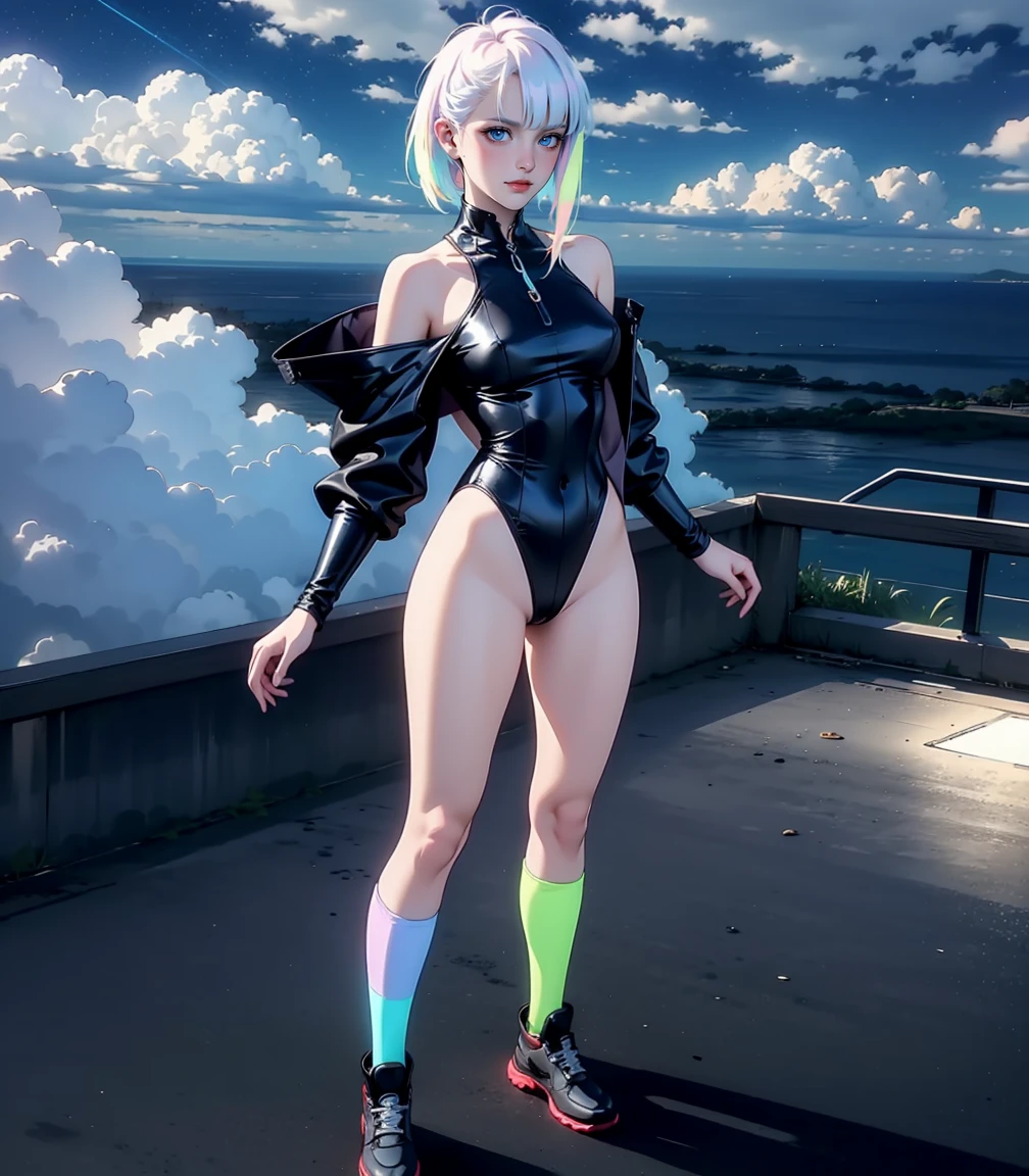 Masterpiece, best quality, 16k resolution, NVIDIA RTX Ray Tracing technology, Create a 4K resolution, ultra-realistic, and extremely detailed artwork, award winning, retina, soft light, sharp focus.(hyper-realistic:1.4), (full body:1.5), (Night, night time:1.4), from above
cyberpunklucy, lucy, short hair, bangs, blue eyes, blue hair, multicolored hair, makeup, (multicolored eyes:1.3), smile, standing
BREAK bare hips, bodysuit, jacket, leotard, monowire, off shoulder, off-shoulder jacket, open clothes, open jacket
BREAK outdoors, city, moon, night, sky, clouds,
sexy, Sexy, smooth perfect skin, smooth_skin
Beautiful、(red blush)、Sexy
FULL BODY SHOT, ultra wide angle, textured skin, face detail, clean skin, perfect hands, perfect anatomy, anatomically correct,
(Realistic park:1.3)