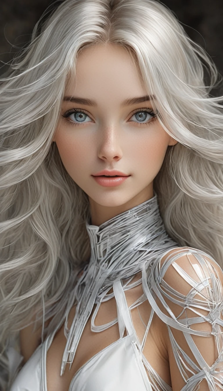 masterpiece, (hyper Detailed Best Quality:1.4), Realistic, fashion portrait, (1 girl, beautiful woman:1.2), (full body shot, fashion model:1.2), BREAK beautiful young, small head, BREAK Detailed body line, Detailed buttocks, Detailed legs, (large breasts, impossible clothes, round buttocks), (very slim waist:1.2), (beautiful long legs, beautiful foot:1.2), White and beautiful oily skin, thin and beautiful neck, small head, (wide angle:1.2), (all body shot from below:1.2), BREAK Detailed all body wear, Transparent Ribbon Layered Ensemble Transparent Ribbon Layered Ensemble, Construct a futuristic, minimalist costume featuring layers of sheer ribbons wrapping around the body in intricate patterns, Emphasize the sleekness of the design with a monochromatic palette of black and white, Highlight the curves of the figure with strategically placed ribbons, creating a harmonious blend of opacity and transparency, Enhance the ensemble with geometric accessories for a modern touch, Opt for a serene expression to complement the avant-garde aesthetic, BREAK small head, Detailed face, cute and Pretty slim face, Duck mouth, perfect beautiful Tooth, arranged gray hair, shiny eyes, Light-colored eyes, looking viewer, BREAK (in a concrete, Realistic black Shadow, Realistic white lightning:1.2),