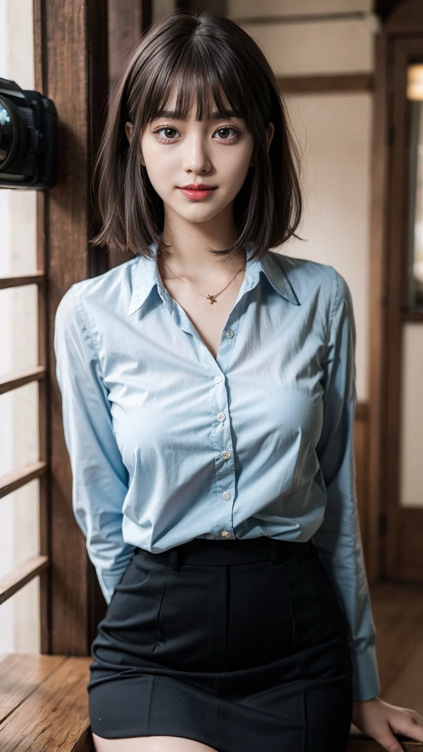 (best quality, masterpiece:1.3), (actual, photo actual:1.3), ultra high resolution, ultra high definition, Extremely detailed CG unified 8k wallpaper, (actual skin, Delicate skin), (perfect anatomy), (official art, Beautiful and beautiful), (generous smile:1.3), (seductive face:1.3), (korean woman:1.3), alone, depth of field, classroom,(big breasts:1.1),(cowboy shot:1.5), (business suit:1.3), (skirt),(plunging blouse),(necklace), (naturally look at camera:1.3), (blunt bangs:1.5), (stockings),(long hair:1.2)