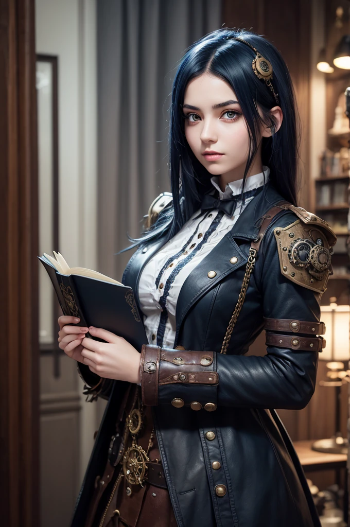 Girl with dark blue hair, black eyes, steampunk style, holding books