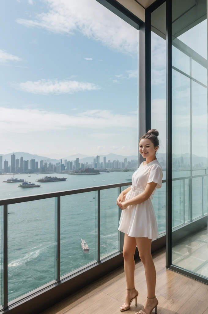 her name is An, high quality, 1girl, ((20-year-old fit Caucasian woman)), ((20 years old)), ((fit)), ((hair in a bun)), pose: standing, smiling, wearing pastel colored unique gen Z modern wear, BACKGROUND:Your apartment is in a modern skyscraper, with glass facades that provide panoramic views of Victoria Harbor and the bustling city below