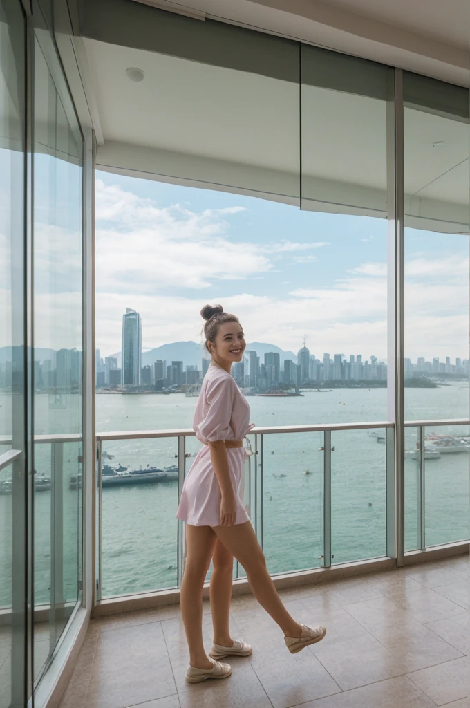 her name is An, high quality, 1girl, ((20-year-old fit Caucasian woman)), ((20 years old)), ((fit)), ((hair in a bun)), pose: standing, smiling, wearing pastel colored unique gen Z modern wear, BACKGROUND:Your apartment is in a modern skyscraper, with glass facades that provide panoramic views of Victoria Harbor and the bustling city below