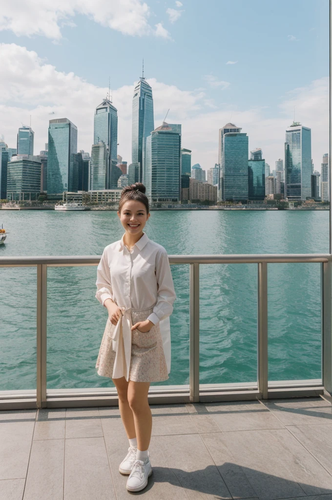 her name is An, high quality, 1girl, ((20-year-old fit Caucasian woman)), ((20 years old)), ((fit)), ((hair in a bun)), pose: standing, smiling, wearing pastel colored unique gen Z modern wear, BACKGROUND:Your apartment is in a modern skyscraper, with glass facades that provide panoramic views of Victoria Harbor and the bustling city below