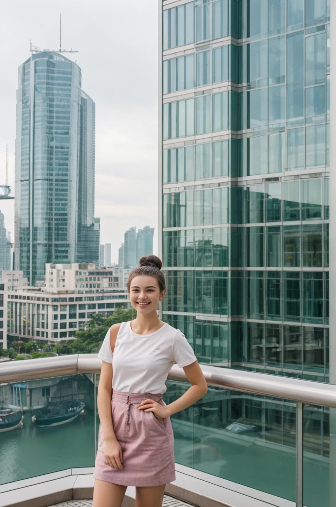 her name is An, high quality, 1girl, ((20-year-old fit Caucasian woman)), ((20 years old)), ((fit)), ((hair in a bun)), pose: standing, smiling, wearing pastel colored unique gen Z modern wear, BACKGROUND:Your apartment is in a modern skyscraper, with glass facades that provide panoramic views of Victoria Harbor and the bustling city below