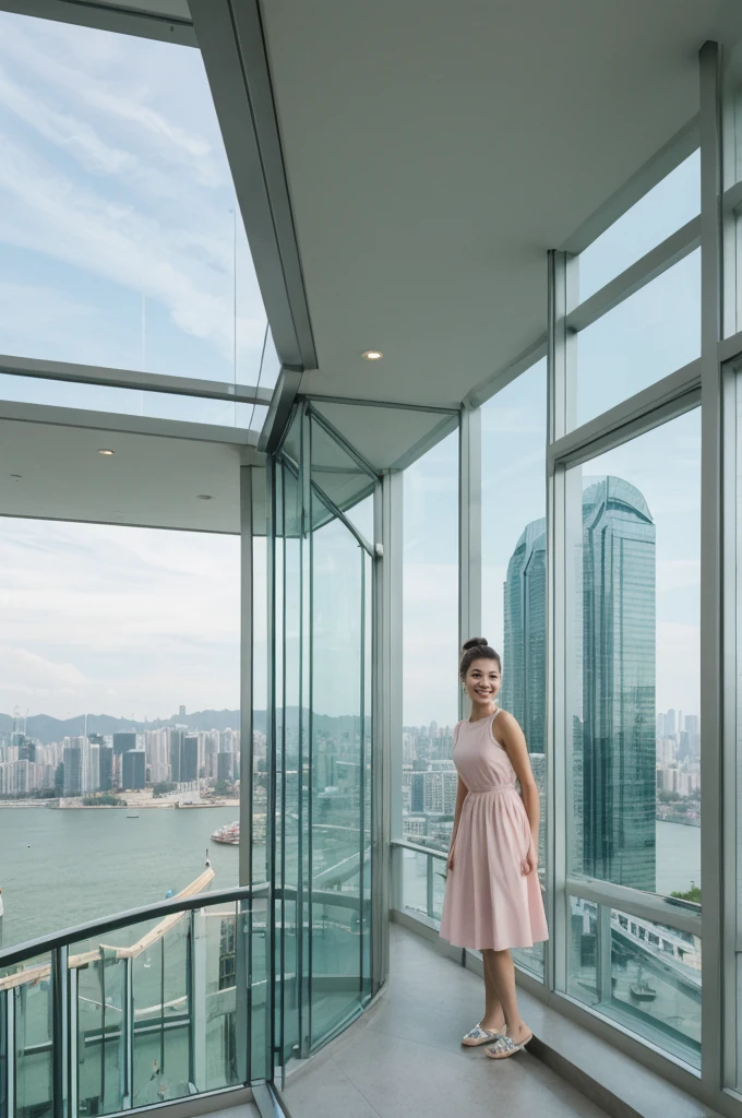 her name is An, high quality, 1girl, ((20-year-old fit Caucasian woman)), ((20 years old)), ((fit)), ((hair in a bun)), pose: standing, smiling, wearing pastel colored unique gen Z modern wear, BACKGROUND:Your apartment is in a modern skyscraper, with glass facades that provide panoramic views of Victoria Harbor and the bustling city below