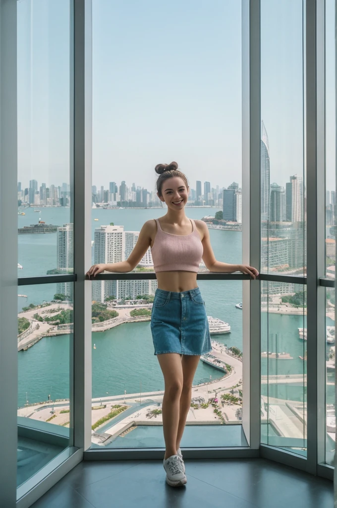 her name is An, high quality, 1girl, ((20-year-old fit Caucasian woman)), ((20 years old)), ((fit)), ((hair in a bun)), pose: standing, smiling, wearing pastel colored unique gen Z modern wear, BACKGROUND:Your apartment is in a modern skyscraper, with glass facades that provide panoramic views of Victoria Harbor and the bustling city below