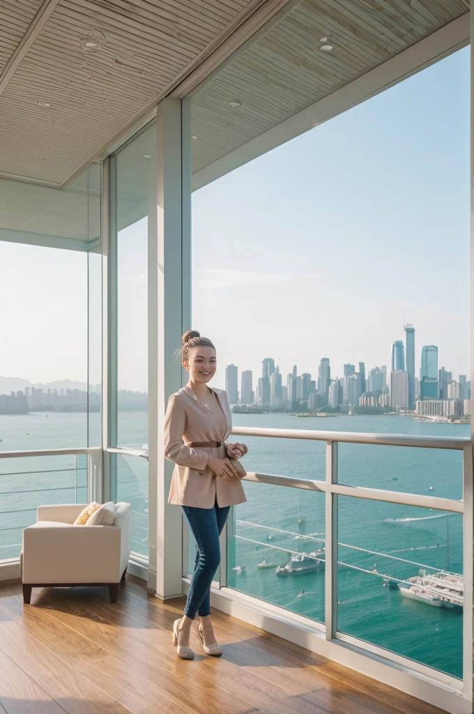 her name is An, high quality, 1girl, ((20-year-old fit Caucasian woman)), ((20 years old)), ((fit)), ((hair in a bun)), pose: standing, smiling, wearing pastel colored unique gen Z modern wear, BACKGROUND:Your apartment is in a modern skyscraper, with glass facades that provide panoramic views of Victoria Harbor and the bustling city below