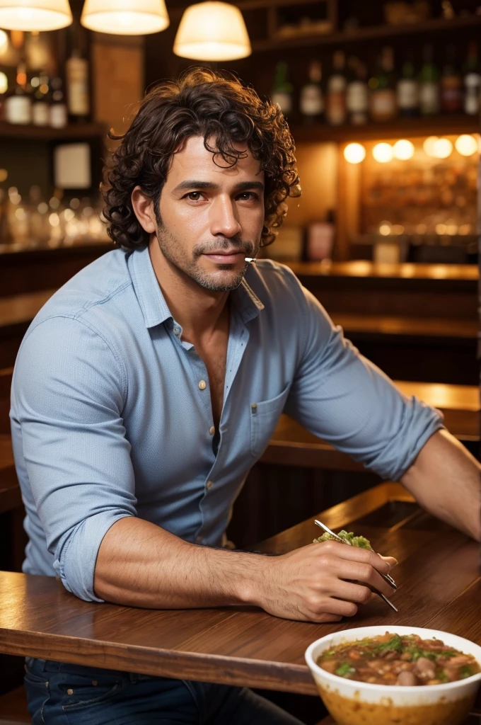 A handsome man, brown and curly hair, Brazilian, about 41 years old, casual clothes, eating feijoada in a bar