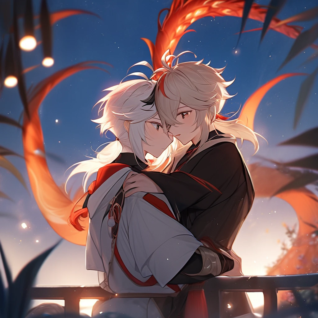  First Boy: Kazuha (Genshin Impacto) gay boyfriend, Second boy: Chinese Dragon Boy White Hair Sapphire Eyes, the two hugged each other, romantic, fluffly, ultra quality, 8K, 2 boys, beautiful.