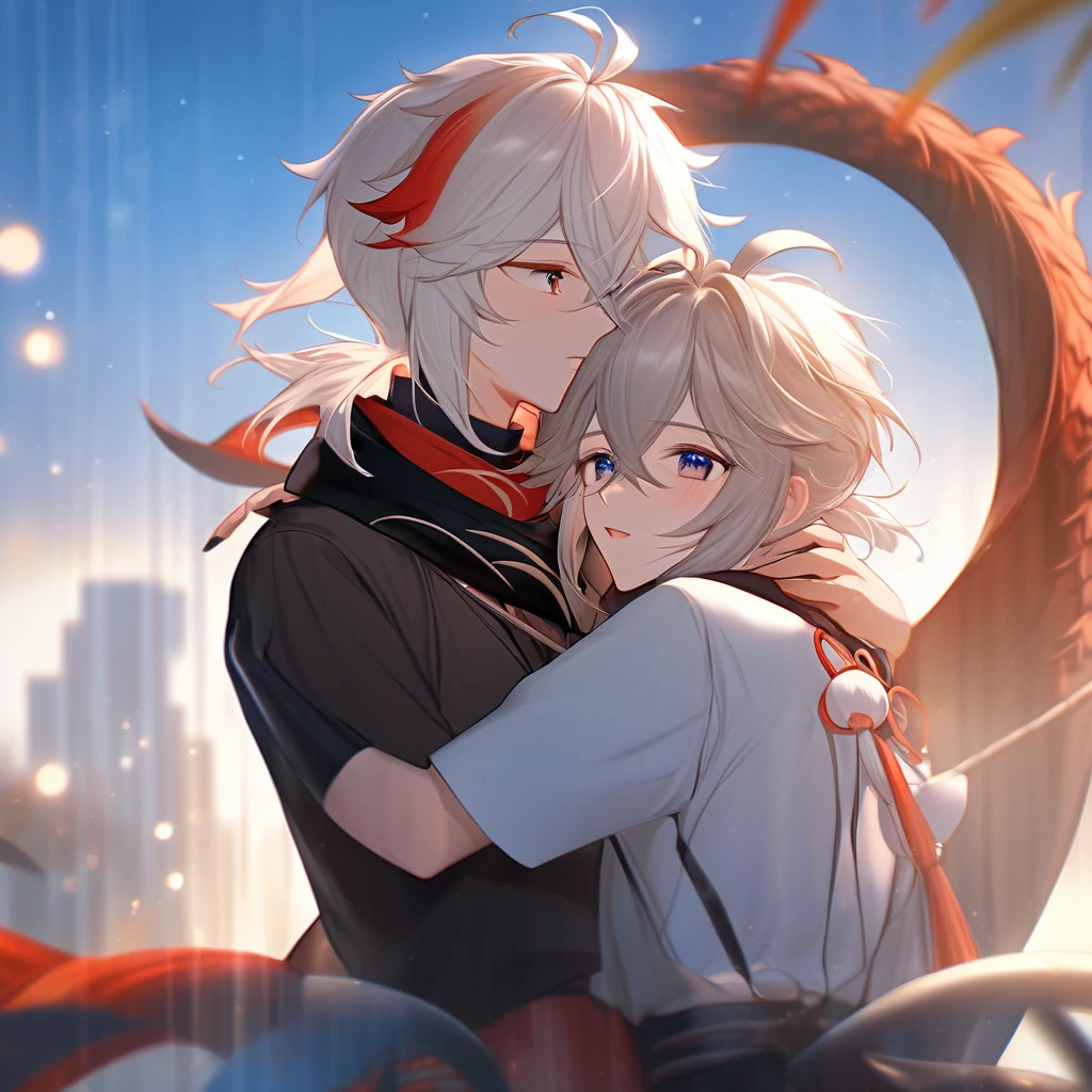  First Boy: Kazuha (Genshin Impacto) gay boyfriend, Second boy: Chinese Dragon Boy White Hair Sapphire Eyes, the two hugged each other, romantic, fluffly, ultra quality, 8K, 2 boys, beautiful.