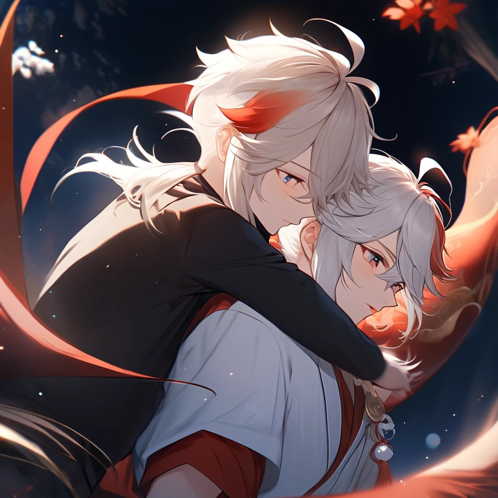  First Boy: Kazuha (Genshin Impacto) gay boyfriend, Second boy: Chinese Dragon Boy White Hair Sapphire Eyes, the two hugged each other, romantic, fluffly, ultra quality, 8K, 2 boys, beautiful.