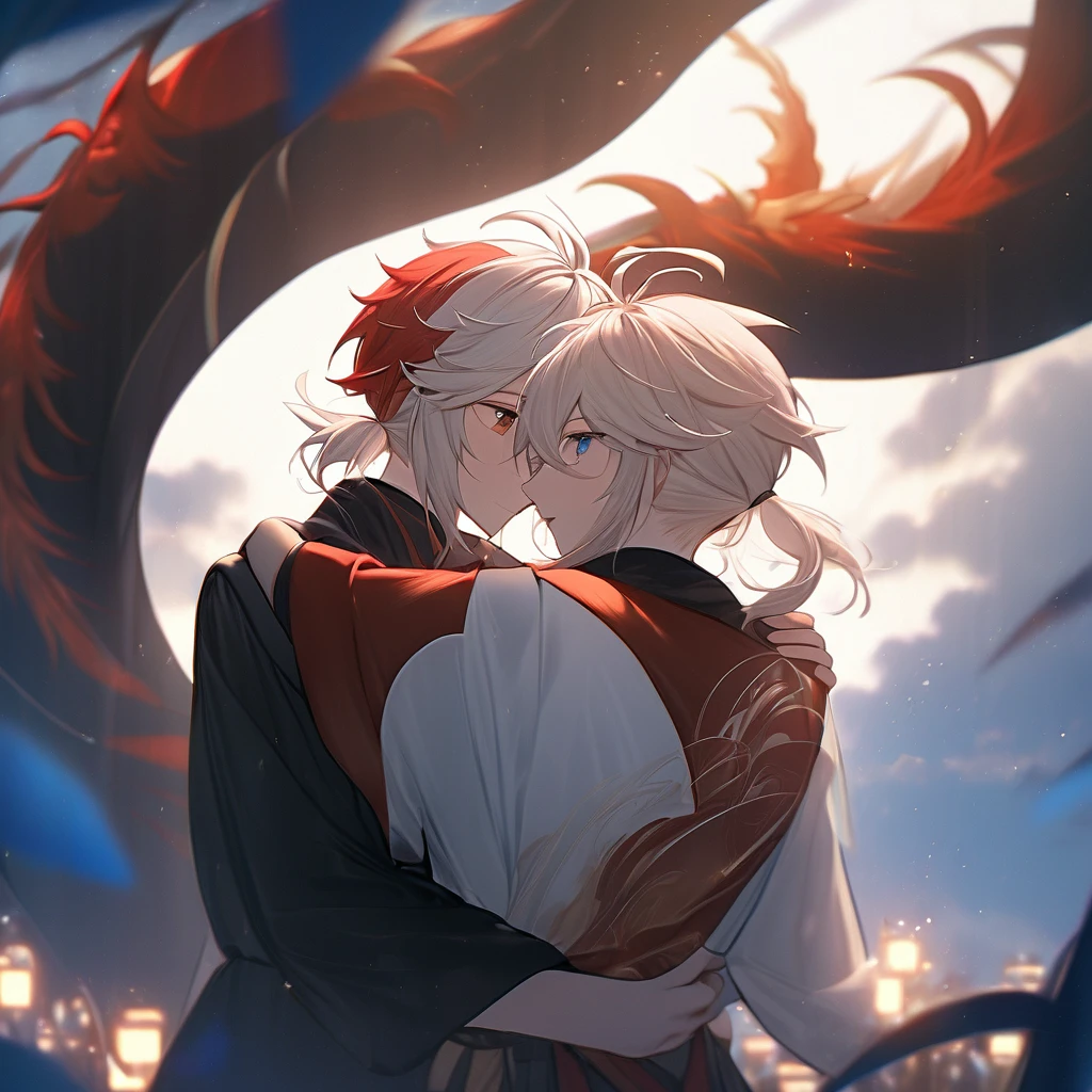  First Boy: Kazuha (Genshin Impacto) gay boyfriend, Second boy: Chinese Dragon Boy White Hair Sapphire Eyes, the two hugged each other, romantic, fluffly, ultra quality, 8K, 2 boys, beautiful.