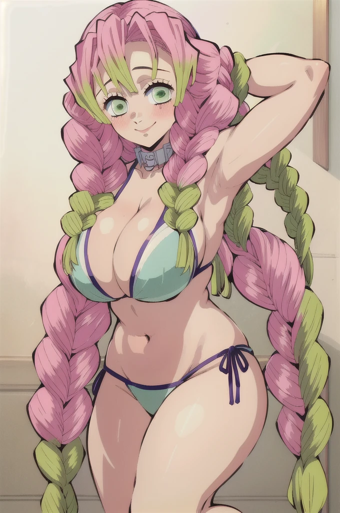 (masterpiece, best quality),  intricate details,
MitsuriKanroji,  kanroji mitsuri, 1girl, solo, long hair, winking, green eyes, pink hair, braid, green hair, twin braids, smile, cute smile, blushed smile, blush, blushing, large breast, huge breasts, bikini top, collarbone, neck, bare shoulders, pink bikini top, cleavage, hands behind head, legs bent, plain background, white background 