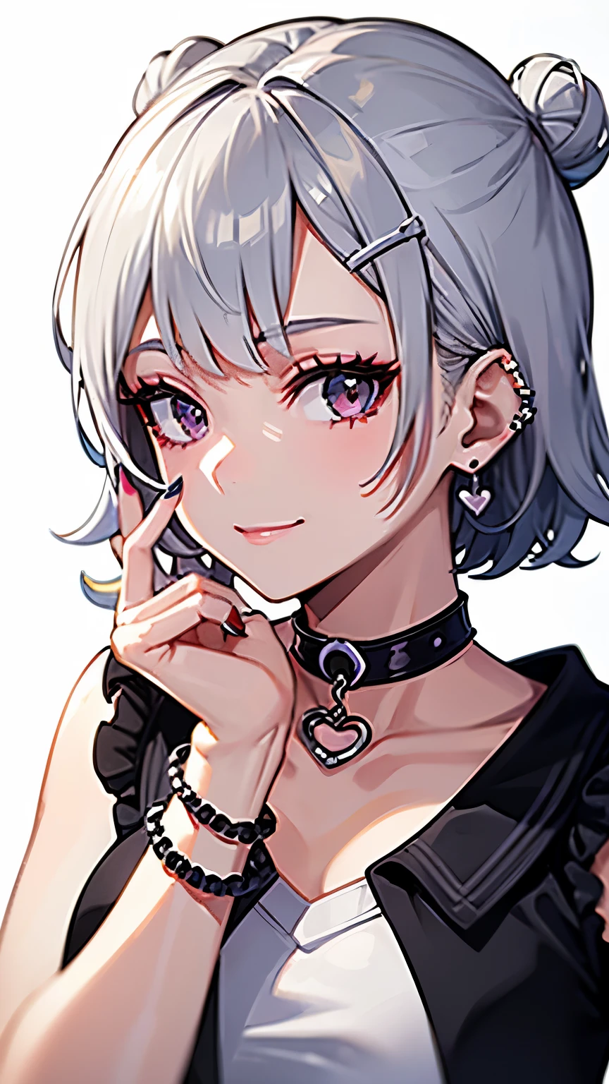 pilyeon, solo, 1girl, black nails, jewelry, short hair, looking at viewer, choker, necklace, hand on own face, piercing, white background, heart, closed mouth, grey eyes, nail polish, simple background, grey hair, ear piercing, black choker, smile, eyelashes, lips, hand on own cheek, bangs, bracelet, beads, gem, earrings, fingernails