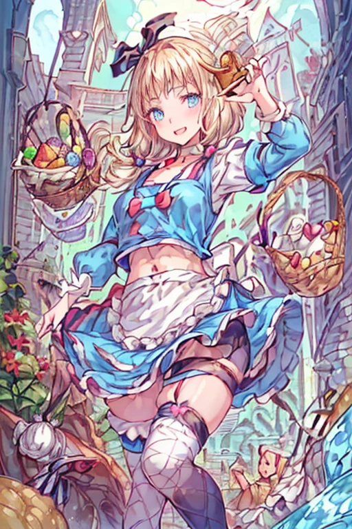 (perky chest:1.2), (pointed chest:1.2),(((Black Tunic:1.3))),(((cakes and bread in the basket),Cute and beautiful girl,Cute round face,Cute smile,with blush cheeks,Red Lip,a girl 17 years old, nsfw:1.2, beautiful body:1.3), shinny skin, BREAK, ((alice in the wonderland:1.3, cute, kawaii, lovely, funny, a girl falling down from sky:1.3, girl flying in sky:1.4, girl floating in air:1.5, rolling upskirt by wind:1.6, (with sparkling eyes and a contagious smile),open mouth, Looking at Viewer, surprised, putting hands on crotch over the skirts:1.6)), BREAK, ((floating things as follows:1.3, PlayingCards, Trump, tea cup, tea pot, tea spoons, pocket watch:1.3, lip sticks, candies:1.2, cookies, jam bottles, classical door_keys)), ((long purply_Blue dress :1.5, wearing long flaired skirt:1.3, the skirt is blowing:1.3, cute pink Apron, black stocking:1.2,garter stocking, cleavage:1.2, midriff, black shorts, black thighhighs, thigh strap, medium long platinum-blonde hair:1.2, twin tail hair:1.6, tied hair with a large ribbon), (Blue eyes, bright pupils with highlights, detailed eyes), (lying down on your back:0.7, spreading legs with rising up straight:0.7), sexy posture, fantastic colorful art, (fantasy art:1.2, wondered images:1.2), ((correct anatomy:1.5, perfect anatomy:1.3, correct hand, small foot:1.2)),