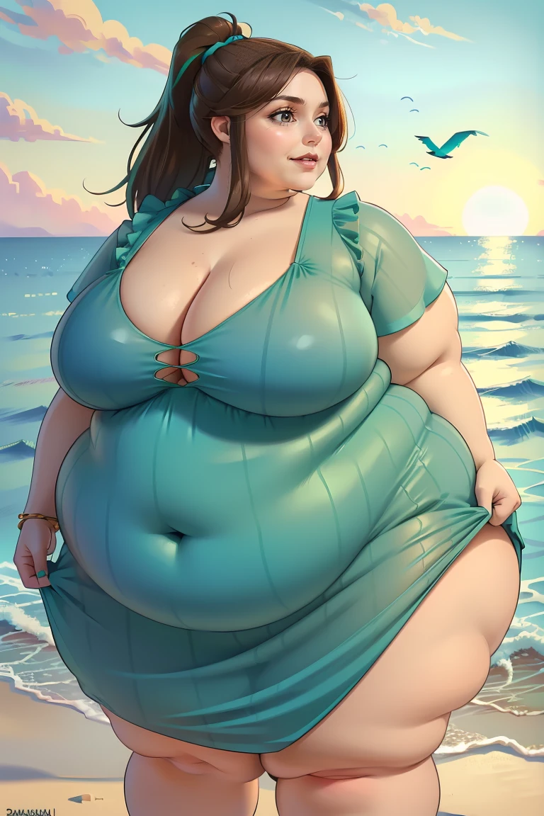 Masterpiece, Best Quality, (((Solo young woman))), (((Brown hair))), Ponytail, Large chest, ((morbidly obese)), (((wide hips))), (((aqua green eyes))), full lips, seductive smile, cleavage, beach, sunset, blushing, (((wearing teal summer dress)))