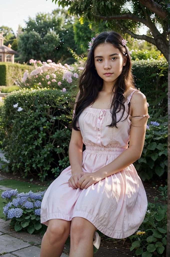 Photorealistic 16 year old girl wearing a long pink gown sitting on a swing in the garden, brown eyes , black hair, victorian house, detailed face, beautiful face, lychee tree in garden, evening time, fountain of water in garden, daisies blooming in garden, blue hydrangeas blooming in garden