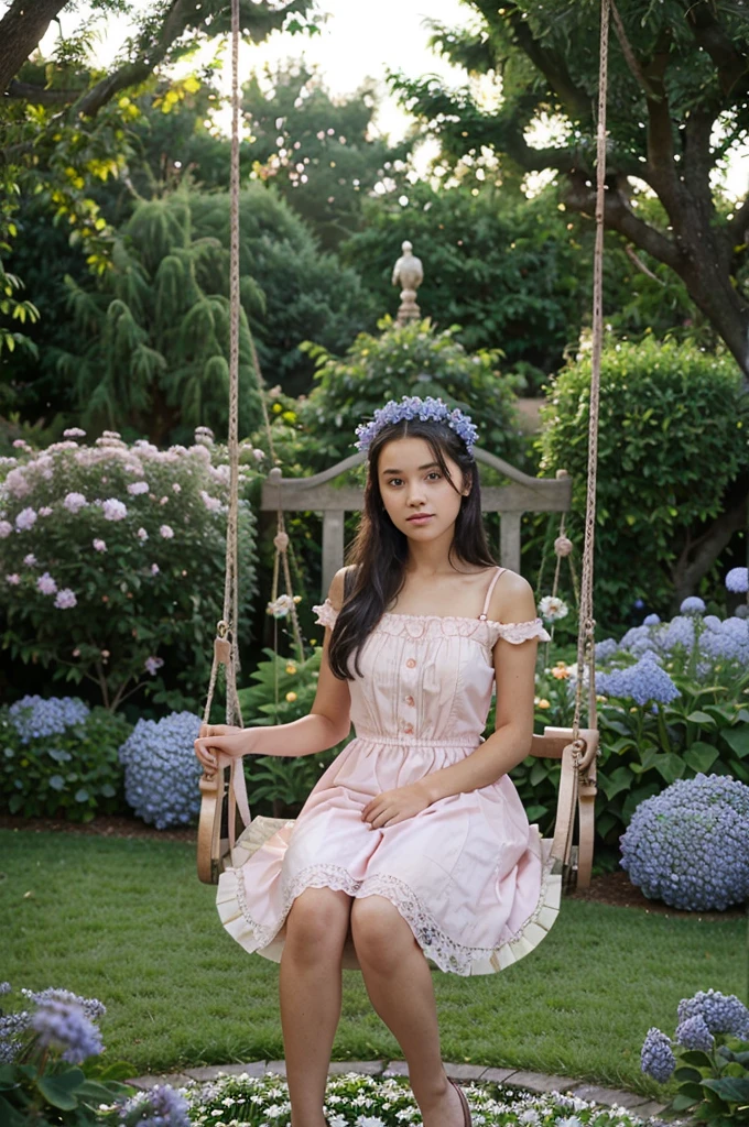 Photorealistic girl wearing a long pink gown sitting on a swing in the garden, brown eyes , black hair, victorian house, detailed face, beautiful face, lychee tree in garden, evening time, fountain of water in garden, daisies blooming in garden, blue hydrangeas blooming in garden