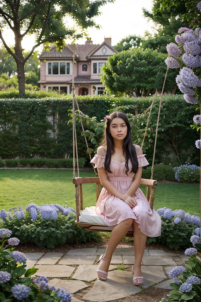 Photorealistic 16 year old girl wearing a long pink gown sitting on a swing in the garden, brown eyes , black hair, victorian house, detailed face, beautiful face, lychee tree in garden, evening time, fountain of water in garden, daisies blooming in garden, blue hydrangeas blooming in garden