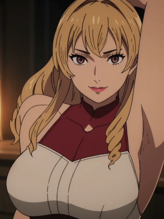 Best quality, masterpiece, ultra high res, 1girl, sexy, in the dark, deep shadow, low key, cold light, milf, blonde hair, dynamic light, cinematic lighting, cinematic lighting, down blouse, mature woman, middle parted hair, natural breast, upper body, milf, elinalise, simple smile, armpits visible, detailed armpits