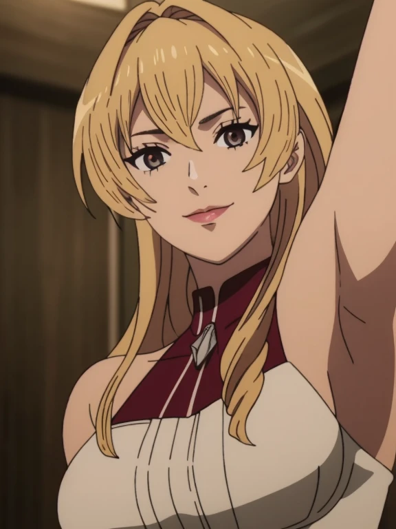 Best quality, masterpiece, ultra high res, 1girl, sexy, in the dark, deep shadow, low key, cold light, milf, blonde hair, dynamic light, cinematic lighting, cinematic lighting, down blouse, mature woman, middle parted hair, natural breast, upper body, milf, elinalise, simple smile, armpits visible, detailed armpits