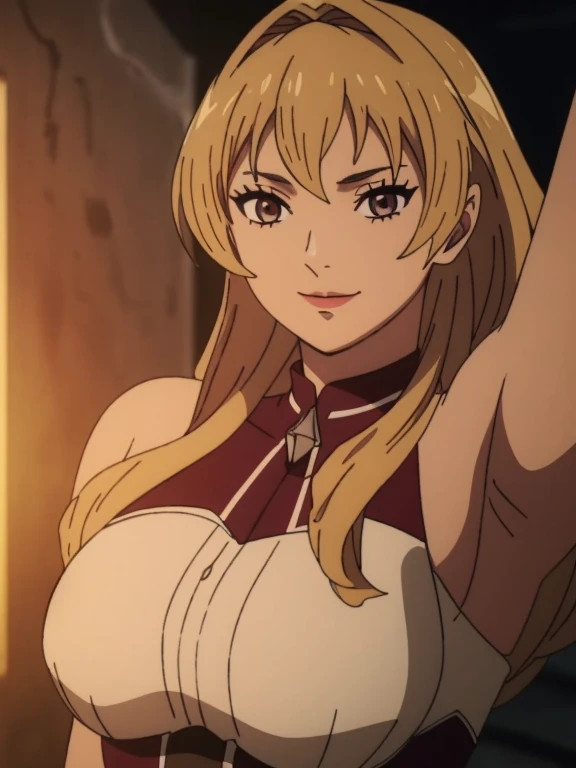 Best quality, masterpiece, ultra high res, 1girl, sexy, in the dark, deep shadow, low key, cold light, milf, blonde hair, dynamic light, cinematic lighting, cinematic lighting, down blouse, mature woman, middle parted hair, natural breast, upper body, milf, elinalise, simple smile, armpits visible, detailed armpits