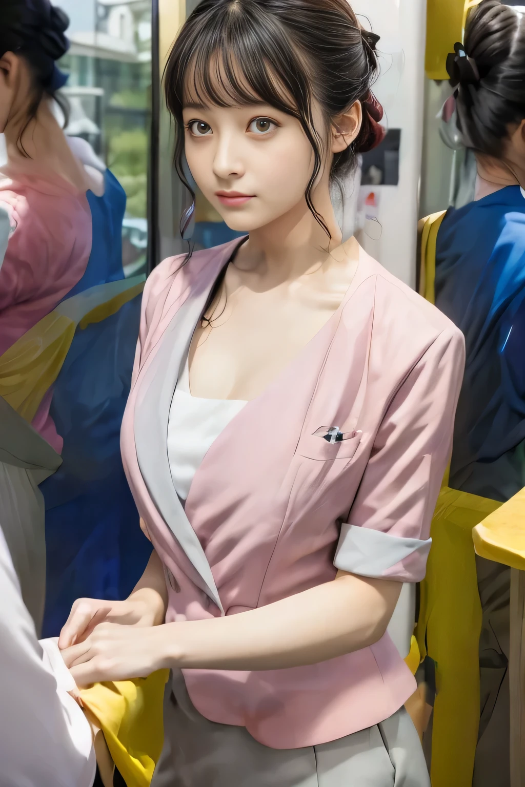 (masterpiece:1.2, Highest quality:1.2), 32k HDR, High resolution, (alone、1 girl)、 (Height: 160cm)、（On the rooftop of a building in the daytime、Professional Lighting）、Building rooftop background、（Nankai train crew uniform pinkを着たリアルスタイル）、（Nankai train crew uniform pink short sleeve collarless pink jacket、Nankai Train Crew Uniform Pink Collarless Short Sleeve Blouse、Nankai Train Crew Uniform Pink Grey Knee-length Culottes）、（The pink jacket is showing from the culottes.）、Dark brown hair、（Hair tied up、Hair tied up、Evening curly hairstyle）、Dark brown hair、Long Shot、Big Breasts、Thin legs、（（Great hands：2.0）），（（Harmonious body proportions：1.5）），（（Normal limbs：2.0）），（（Normal finger：2.0）），（（Delicate eyes：2.0）），（（Normal eyes：2.0））)、smile、（Nankai Train Crew Uniform Pink Grey Knee-length Culottesを見せた美しい歩く姿）、Big Breastsを見せる、Showing her breasts through her jacket、Place your hands around your stomach