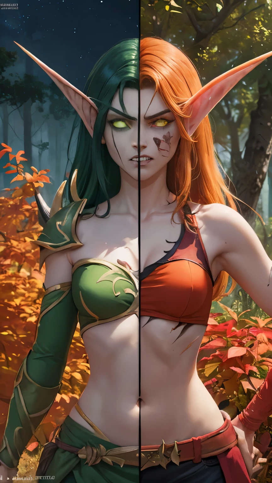 (Masterpiece, highly detailed, highly quality, highly resolutions), line between the middle, duality, split colored hairs, split colored eyes, split theme, split colored skin, the woman is divided into two halves,
on the Left side: ((SplitScreen, split screen, BREAK nightelf, deer horns, angry, clenched teeth, scars on body, cover in green leaves on body glowing eyes, green eyes, Green Hair, colored skin, mature female, Green Leaves midriff, navel, Green Leave shoulder pad, spring leaves, looking at viewer, forest, night, bare shoulders, spring season), vs, on the right side: (SplitScreen, split screen, BREAK bldelf, Goat horns, angry, clenched teeth, blood strains on body, cover in orange leaves, glowing eyes, yellow eyes, Orange hair, brown skin, colored sclera, mature female, Orange leaves shirt, navel, orange leaves pad, fall leaves, looking at viewer, forest, day, bare shoulders, Fall season))