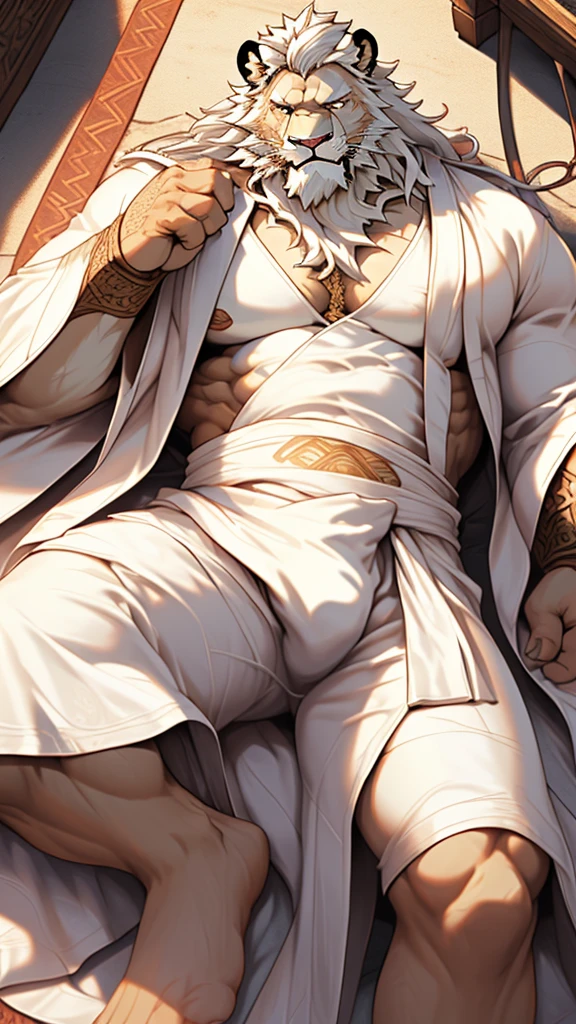 (masterpiece),(highres),(intricate details:1.4),extremely detailed,(illustration:1.2),8k,photorealistic,exquisite,solo, (Bold perspective),aged,elder male lion ,muscular, (Ancient Greek mythological style;1.8)(white robe:1.6),manhood,safeguard,(white hair:1.3),long hair,long white beard,scar,(badly damaged),(sacrifice),hurt,broken body ,(lying on the ground),(bulging crotch:1.8),(naked)