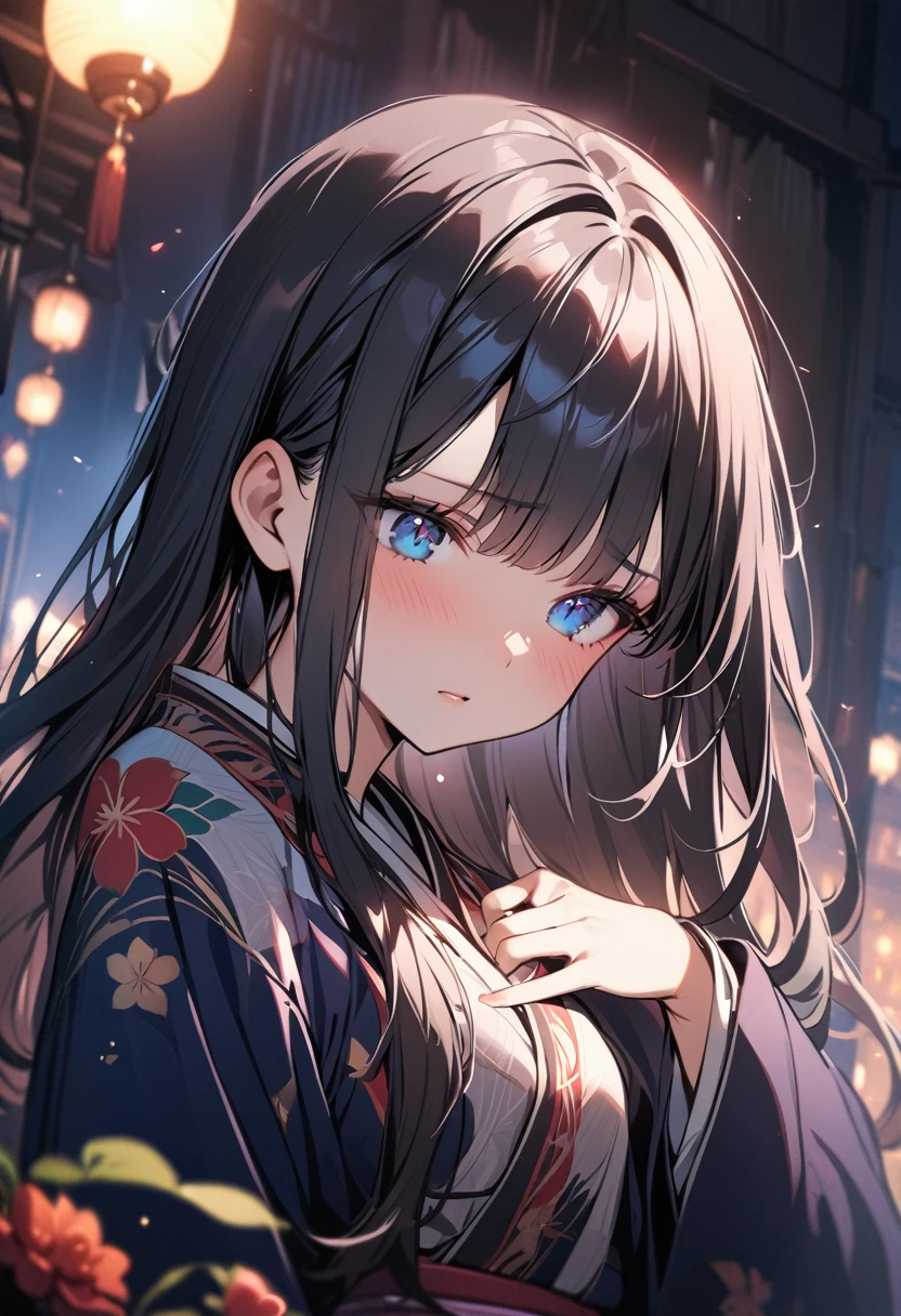 1 girl, long hair, black hair, straight hair, short bangs above brows, blue eyes, looking down, shy, hand on own chest,
BREAK (masterpiece), (high resolution 8K), cinematic lighting, professional lighting, detailed eyes and face, detailed body,
BREAK kimono, hapanese kimono with breathtaking beautiful flower pattern,
BREAK outdoors, portrait,