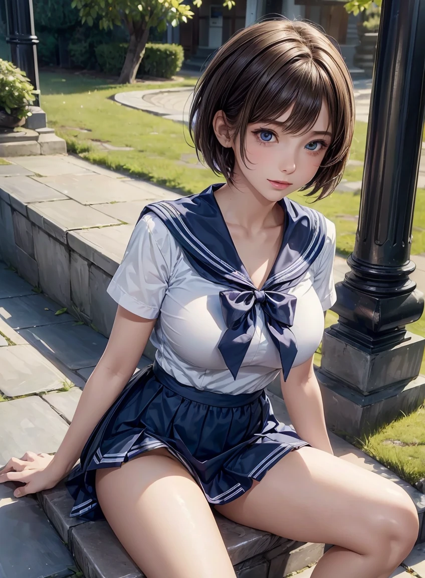 ((best quality, 8K, masterpiece :1.3)), 1. Innocent girl:1.3, (short hair,Sailor Suit,Beautiful breasts :1.2), Super mini skirt, Super detailed face, Beautiful eyes, Double eyelids,whole body,Cute face,(Sitting on the stone steps,Spread your legs,See panties),(Realistic face),(Realistic skin),Agent,Hips forward,Half are Japanese，Half are European,Sexy facial features