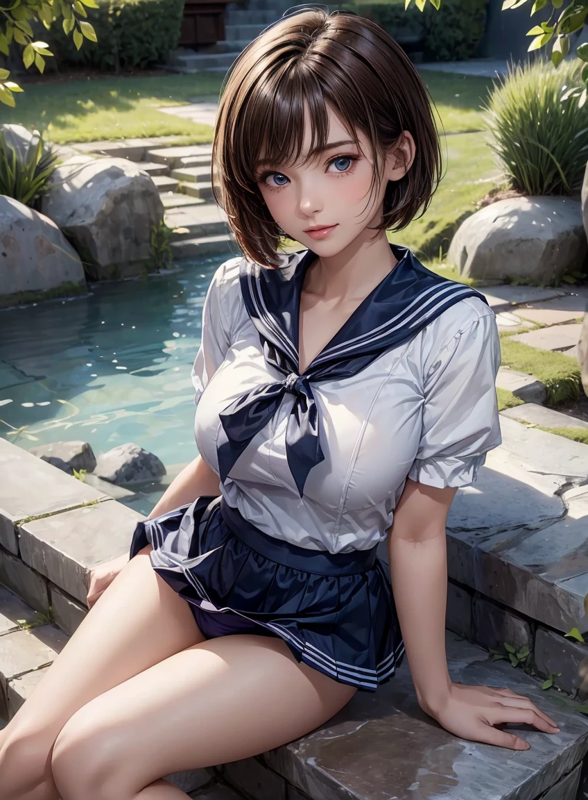 ((best quality, 8K, masterpiece :1.3)), 1. Innocent girl:1.3, (short hair,Sailor Suit,Beautiful breasts :1.2), Super mini skirt, Super detailed face, Beautiful eyes, Double eyelids,whole body,Cute face,(Sitting on the stone steps,Spread your legs,See panties),(Realistic face),(Realistic skin),Agent,Hips forward,Half are Japanese，Half are European,Sexy facial features