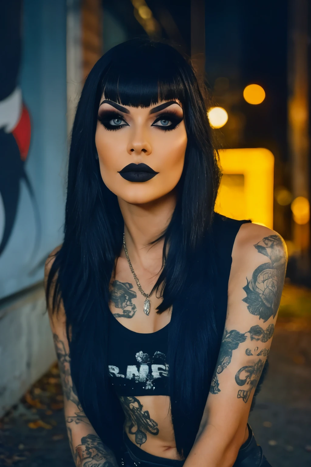 Photorealistic, ultra-detailed, Rocker goth woman, portrait photo, Solo, leaning against a worn-out guitar amp, dimly lit room, edgy urban scene with graffiti, dark and moody, late evening, city lights flashing, neon lighting The essence of rock and roll, ((cut hair with fringe, makeup)), ((detailed eyes, realistic eyes)), 25 years old, assertive, confident expression, showcasing multiple piercings, blurry background, Crystal clear eyes gleaming with passion, analogue style, grunge texture, Best contrast, industrial, Instagram LUT, Professional, 4k, electrifying gaze, shot on Nikon, 50mm, shallow depth of field, K