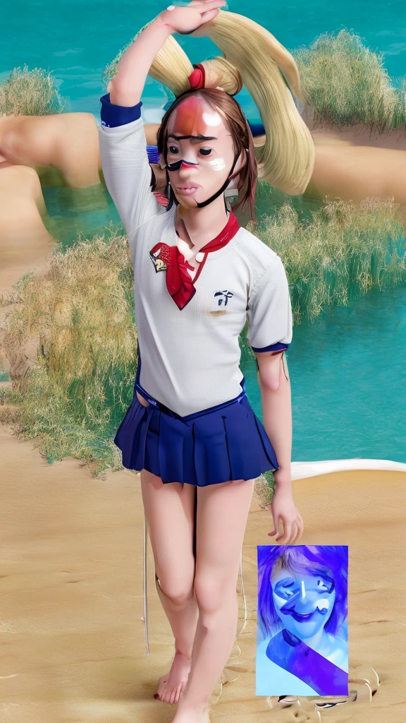 (((Facial fidelity of the LoRA model used:2.5)))、((Eyelashes and eye details、High resolution、masterpiece:1.27、Every detail counts))、The seaside dyed in the sunset、Playing in the water alone、Cute Japanese 、Straight black hair up to the shoulders、Bangs are cut straight above the eyebrows、Traditional Japanese Uniform、Sailor top with white collar and navy blue lines、Wear a navy blue mini pleated skirt、A red scarf on the chest of the top、Skin is brighter and smoother、Eyes are deep purple、Long, black eyelashes、Eyes sparkling、Excitement and joy、Eyebrows are thin and well-formed、The nose is small、Nose Bridge、The mouth is small、Fuller lips、natural pink lips、The ears are small、Roll up the sleeves of your uniform to your elbows、The hem of my skirt is also a little wet.、Walking barefoot on the beach、The waves wash up at my feet、The legs are small and white、Fine sand on my toes、波打ち際でlooks funに波を跳ね返しながら、Occasionally, they scoop up seawater with their hands and throw it back into the waves.、Every time the water touches your feet, it splashes a little.、looks fun、The vast blue sea and white sand、Beautiful orange sky at sunset、A small island in the distance々、Small shells on the beach、Driftwood、The sound of waves、A school bag carelessly placed on the beach、Carefully arranged shoes and socks、The bag is black in color、Embroidered school logo、Overall、Relaxing after school、A scene that brings back fond memories of the end of summer