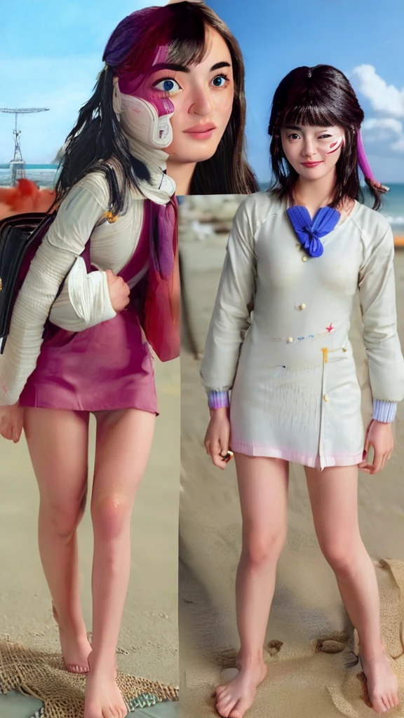 (((Facial fidelity of the LoRA model used:2.5)))、((Eyelashes and eye details、High resolution、masterpiece:1.27、Every detail counts))、The seaside dyed in the sunset、Playing in the water alone、Cute Japanese 、Straight black hair up to the shoulders、Bangs are cut straight above the eyebrows、Traditional Japanese Uniform、Sailor top with white collar and navy blue lines、Wear a navy blue mini pleated skirt、A red scarf on the chest of the top、Skin is brighter and smoother、Eyes are deep purple、Long, black eyelashes、Eyes sparkling、Excitement and joy、Eyebrows are thin and well-formed、The nose is small、Nose Bridge、The mouth is small、Fuller lips、natural pink lips、The ears are small、Roll up the sleeves of your uniform to your elbows、The hem of my skirt is also a little wet.、Walking barefoot on the beach、The waves wash up at my feet、The legs are small and white、Fine sand on my toes、波打ち際でlooks funに波を跳ね返しながら、Occasionally, they scoop up seawater with their hands and throw it back into the waves.、Every time the water touches your feet, it splashes a little.、looks fun、The vast blue sea and white sand、Beautiful orange sky at sunset、A small island in the distance々、Small shells on the beach、Driftwood、The sound of waves、A school bag carelessly placed on the beach、Carefully arranged shoes and socks、The bag is black in color、Embroidered school logo、Overall、Relaxing after school、A scene that brings back fond memories of the end of summer
