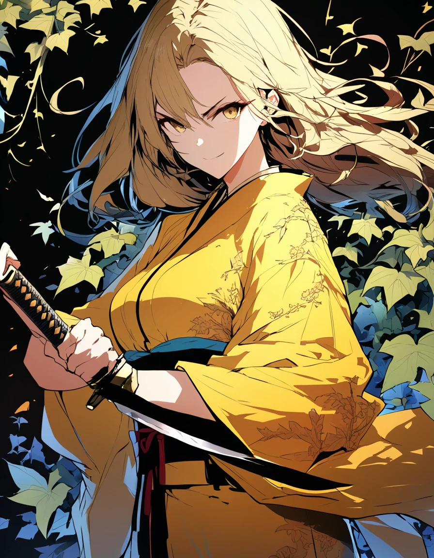 extremely clear 8K wallpaper, extremely delicate and detailed face:1.3, absurdres, masterpiece, pixiv contest winner, by Demizu Posuka, cowboy shot, In a metafictional illustration, red and black background, a woman with a warlike and fearless smile holds a katana, She is glaring and about to decapitate to the left., The blade of the katana is intricately carved with a complex and beautiful ivy pattern., She is dressed in a deep yellow kimono, which is torn in places, creating a dynamic illustration that expresses her rough and belligerent personality alongside her beautiful appearance.,