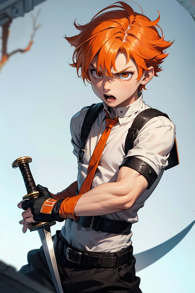 little boy with short orange white hair, white eyes, with a big sword, angry
