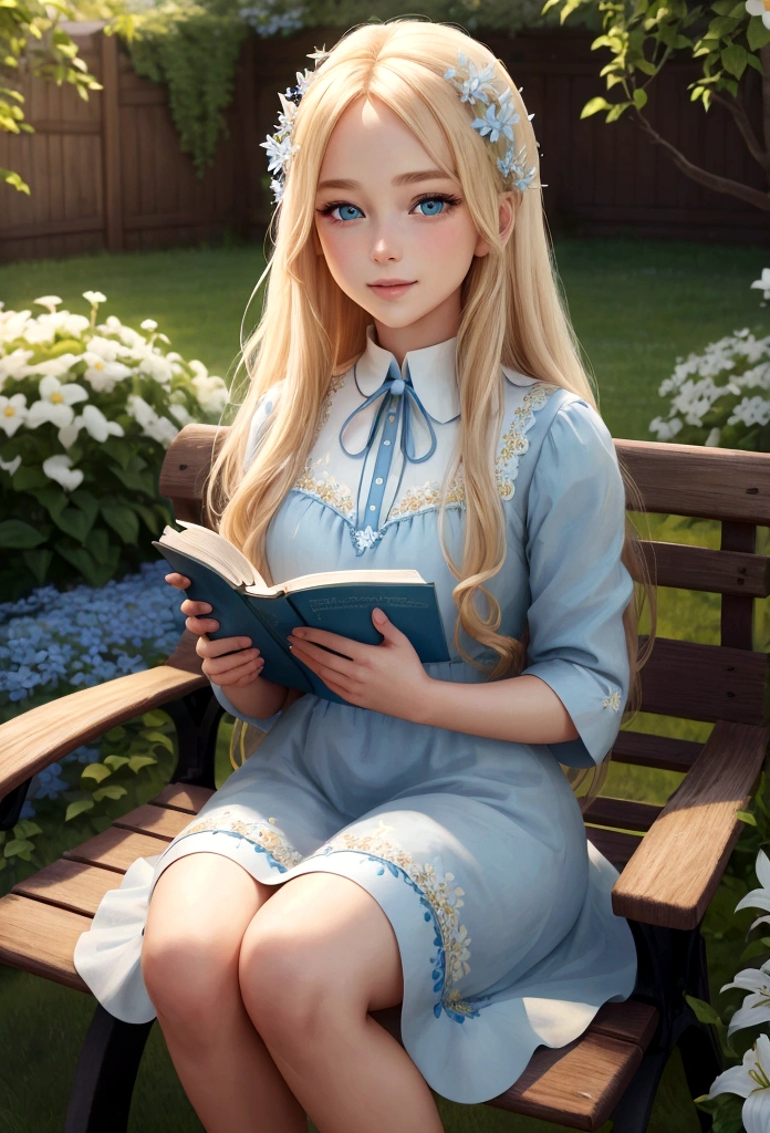 A beautiful blond girl with very long hair named Lily sits on a garden bench, reading a book. Her sparkling blue eyes reflect the joy of discovering new stories. She wears a light blue dress adorned with small flowers. The sun is shining, and the garden is in full bloom with colorful flowers and lush green grass. (good quality:1.2), (Ultradetailed:1.2), (ultradetailed face:1.2), (ultradetailed body:1.2)