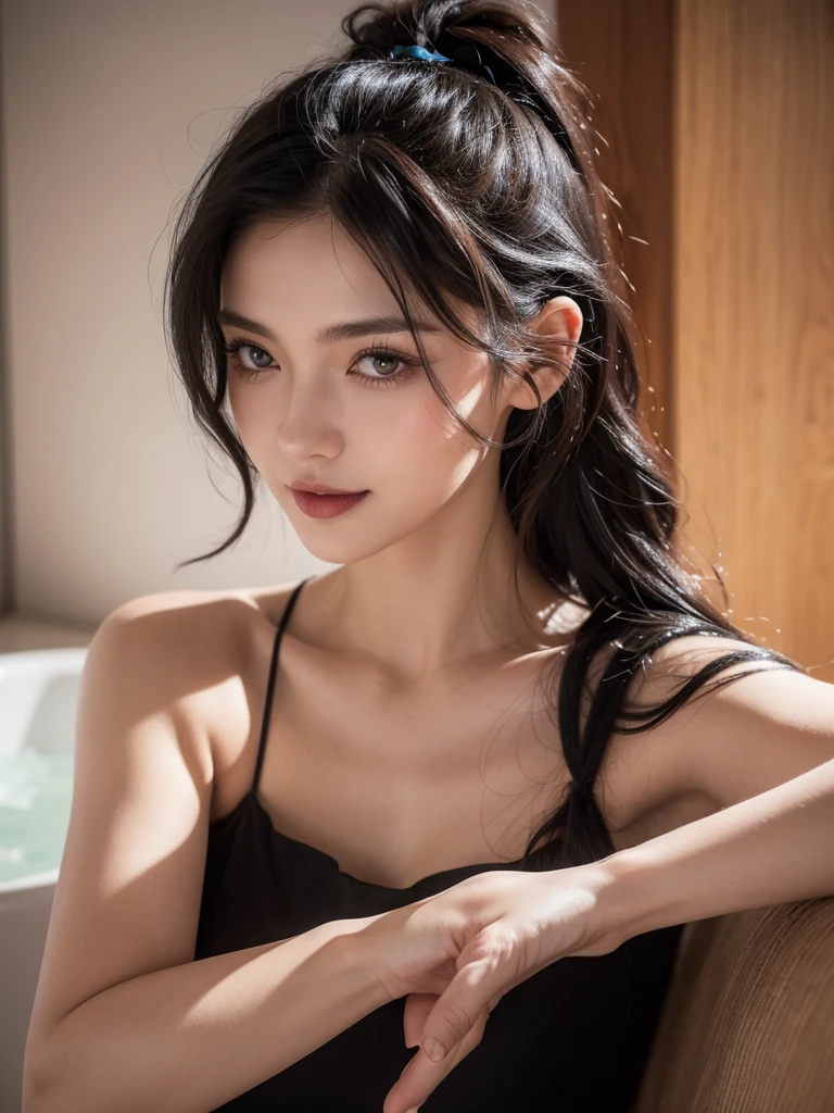 ein mädchen ist klatschnass und steht unter der dusche im badezimmer, she wears a goth cat outfit, wavy black hair blowing in the wind. She's a men's magazine model, with a subtle smile, flirting with the camera, (in evening light: 1.2), , perfect eyes, perfect hands, perfect body, perfect hair, perfect chest, hair behind the ear, UHD, Retina, masterpiece, precise, anatomically correct, textured skin, super detailed, high details, good quality, award-winning, best quality, high-res, 16k, 8k. fullbody