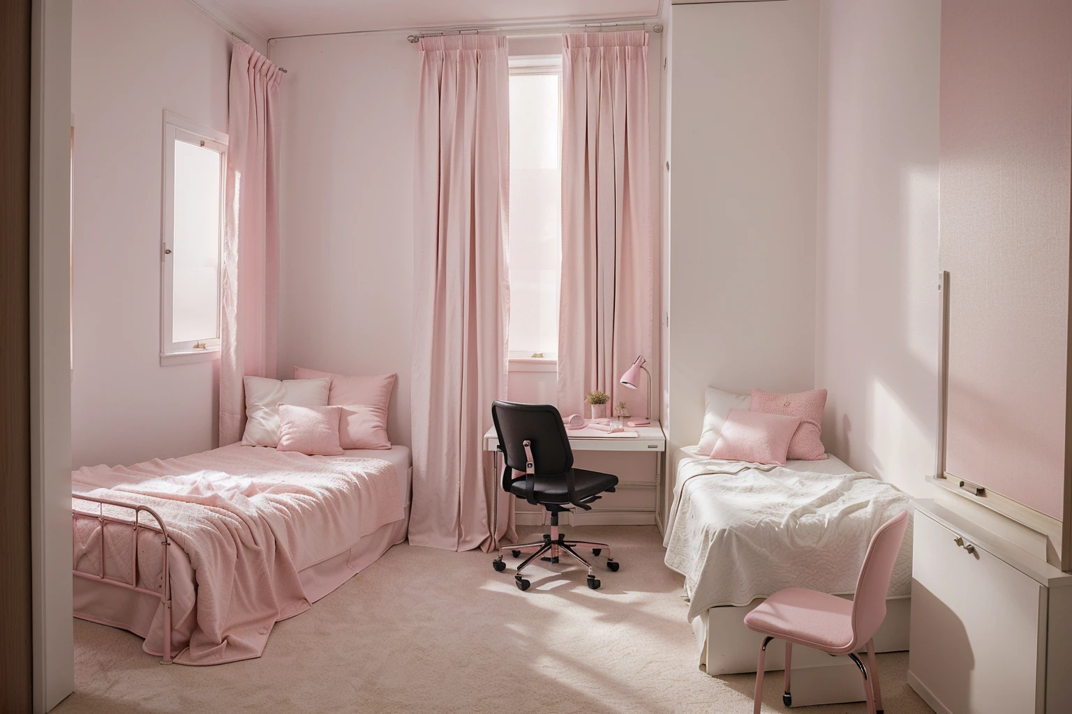 
there are two girls pink beds in a small room with a desk and chair, front view and the curtain in the center, with no wardrobe, (new classic design)
