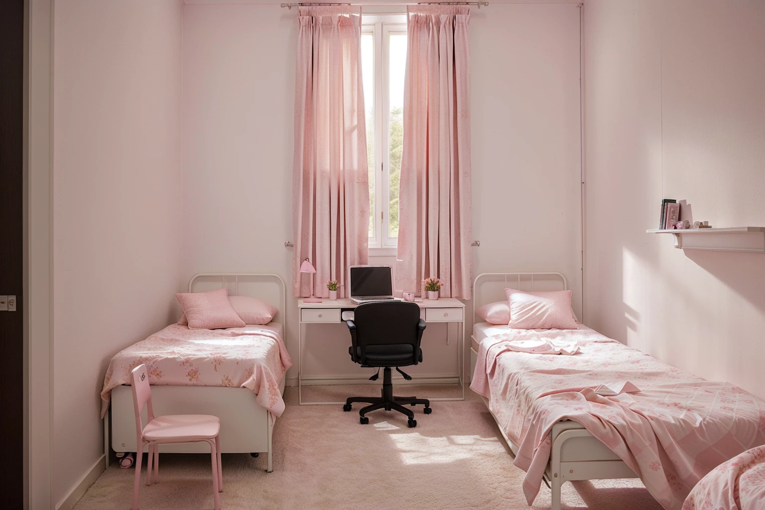 
there are two girls pink beds in a small room with a desk and chair, front view and the curtain in the center, with no wardrobe, (new classic design)
