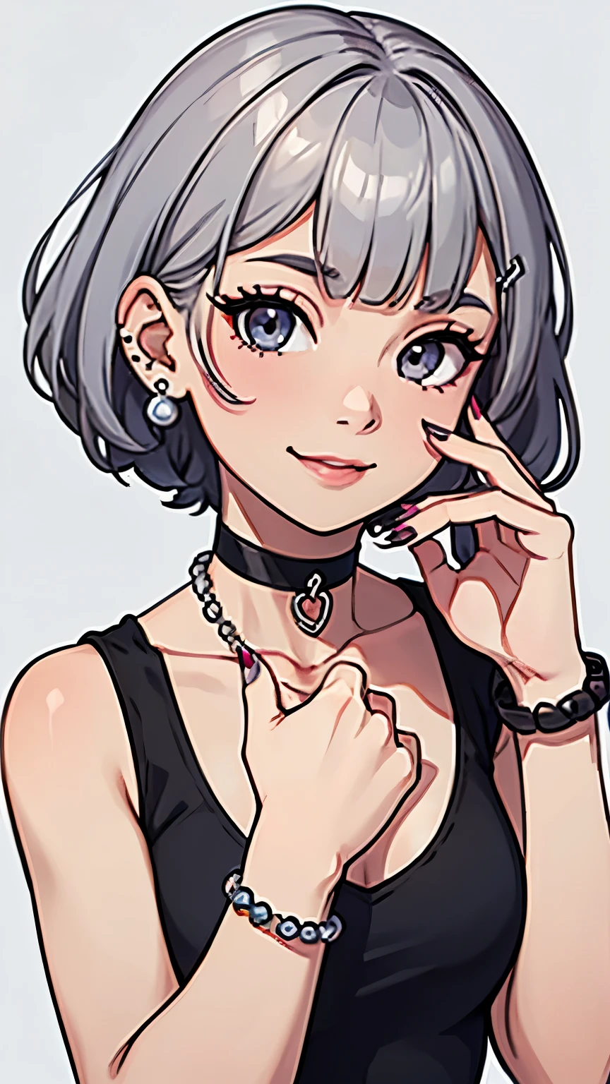 pilyeon, solo, 1girl, black nails, jewelry, short hair, looking at viewer, choker, necklace, hand on own face, piercing, white background, heart, closed mouth, grey eyes, nail polish, simple background, grey hair, ear piercing, black choker, smile, eyelashes, lips, hand on own cheek, bangs, bracelet, beads, gem, earrings, fingernails