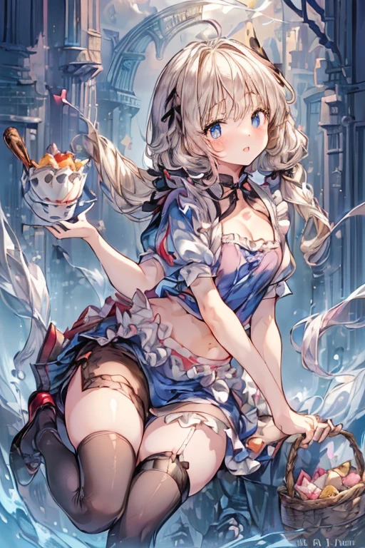 (perky chest:1.2), (pointed chest:1.2),(((Black Tunic:1.3))),(((cakes and bread in the basket),Cute and beautiful girl,Cute round face,Cute smile,with blush cheeks,Red Lip,a girl , nsfw:1.2, beautiful body:1.3), shinny skin, BREAK, ((alice in the wonderland:1.3, cute, kawaii, lovely, funny, a girl falling down from sky:1.3, girl flying in sky:1.4, girl floating in air:1.5, rolling upskirt by wind:1.6, (with sparkling eyes and a contagious smile),open mouth, Looking at Viewer, surprised, putting hands on crotch over the skirts:1.6)), BREAK, ((floating things as follows:1.3, PlayingCards, Trump, tea cup, tea pot, tea spoons, pocket watch:1.3, lip sticks, candies:1.2, cookies, jam bottles, classical door_keys)), ((long purply_Blue dress :1.5, wearing long flaired skirt:1.3, the skirt is blowing:1.3, cute pink Apron, black stocking:1.2,garter stocking, cleavage:1.2, midriff, black shorts, black thighhighs, thigh strap, medium long platinum-blonde hair:1.2, twin tail hair:1.6, tied hair with a large ribbon), (Blue eyes, bright pupils with highlights, detailed eyes), (lying down on your back:0.7, spreading legs with rising up straight:0.7), sexy posture, fantastic colorful art, (fantasy art:1.2, wondered images:1.2), ((correct anatomy:1.5, perfect anatomy:1.3, correct hand, small foot:1.2)),