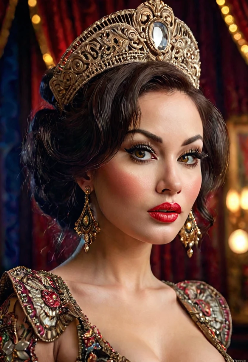 A burlesque dancer in an ornate, dynamic, hyperdetailed and hyperrealistic scene, sexy old style picture, detailed face, beautiful detailed eyes, beautiful detailed lips, extremely detailed face and eyes, long eyelashes, intricate, ornate, voluptuous, elegant, sophisticated, glamorous, dramatic lighting, rich colors, chiaroscuro, cinematic composition, masterpiece, best quality, 8k, highres, photo-realistic, professional, vivid colors, physically-based rendering, extreme detail description