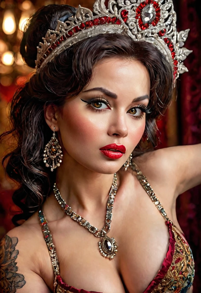 A burlesque dancer in an ornate, dynamic, hyperdetailed and hyperrealistic scene, sexy old style picture, detailed face, beautiful detailed eyes, beautiful detailed lips, extremely detailed face and eyes, long eyelashes, intricate, ornate, voluptuous, elegant, sophisticated, glamorous, dramatic lighting, rich colors, chiaroscuro, cinematic composition, masterpiece, best quality, 8k, highres, photo-realistic, professional, vivid colors, physically-based rendering, extreme detail description