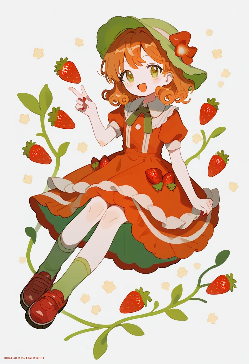 1girl,orange hair, short curly hair, strawberry hat, red dress, strawberry dress, short puffy sleeves, green socks, red shoes, happy look, open mouth, sitting on a pink strawberry, full body, score_9,score_8_up,score_7_up,Expressive,rating_safe,(masterpiece, best quality)