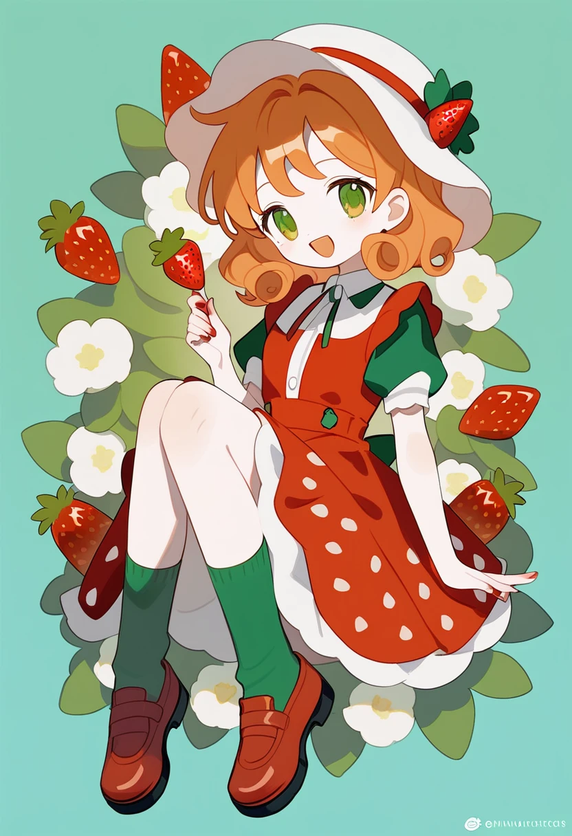 1girl,orange hair, short curly hair, strawberry hat, red dress, strawberry dress, short puffy sleeves, green socks, red shoes, happy look, open mouth, sitting on a pink strawberry, full body, score_9,score_8_up,score_7_up,Expressive,rating_safe,(masterpiece, best quality)