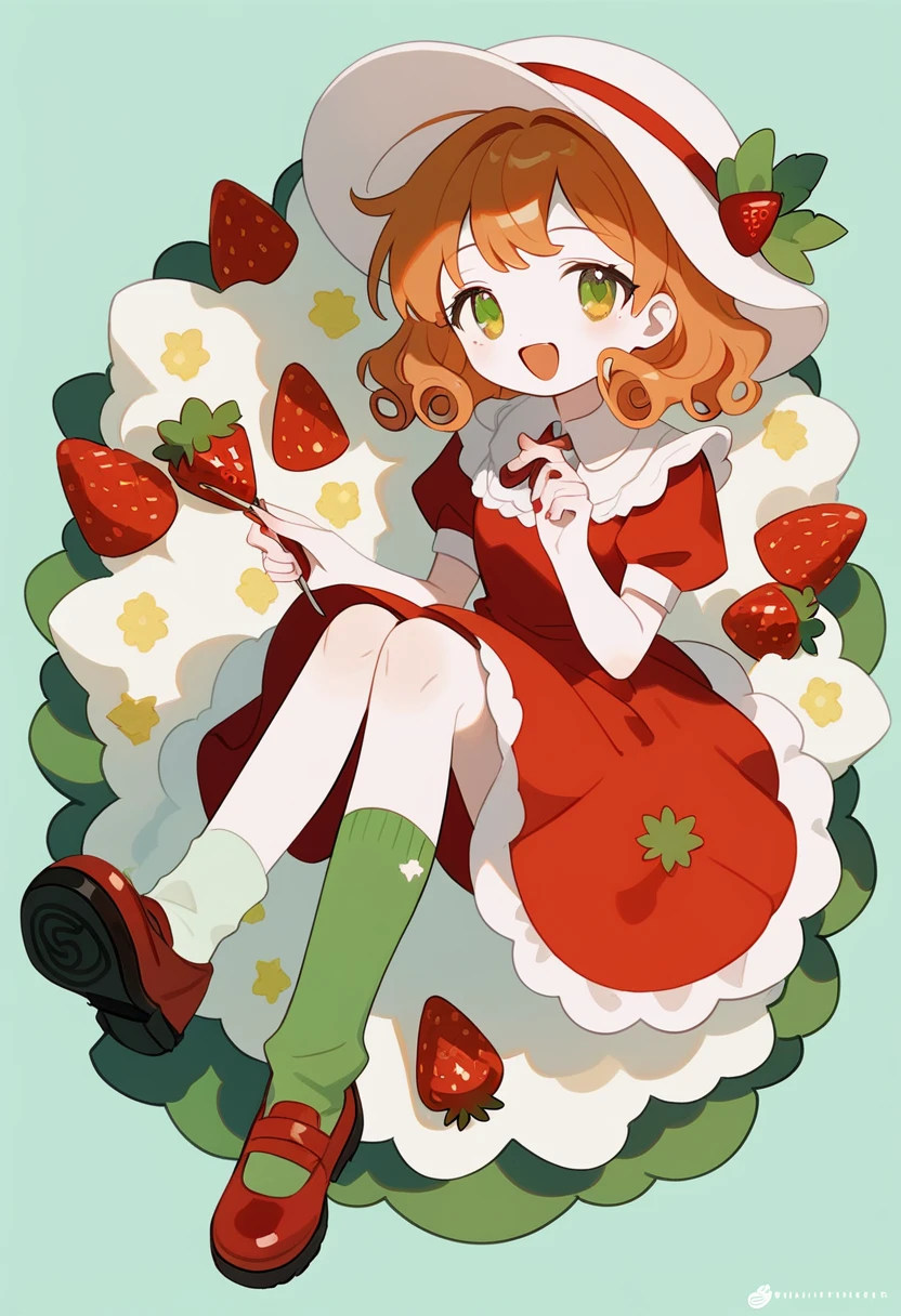 1girl,orange hair, short curly hair, strawberry hat, red dress, strawberry dress, short puffy sleeves, green socks, red shoes, happy look, open mouth, sitting on a pink strawberry, full body, score_9,score_8_up,score_7_up,Expressive,rating_safe,(masterpiece, best quality)