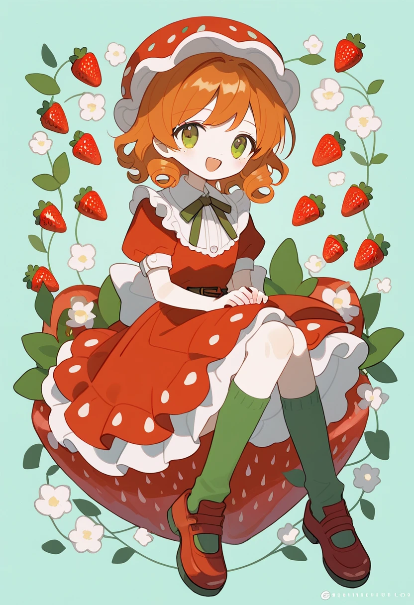 1girl,orange hair, short curly hair, strawberry hat, red dress, strawberry dress, short puffy sleeves, green socks, red shoes, happy look, open mouth, sitting on a pink strawberry, full body, score_9,score_8_up,score_7_up,Expressive,rating_safe,(masterpiece, best quality)