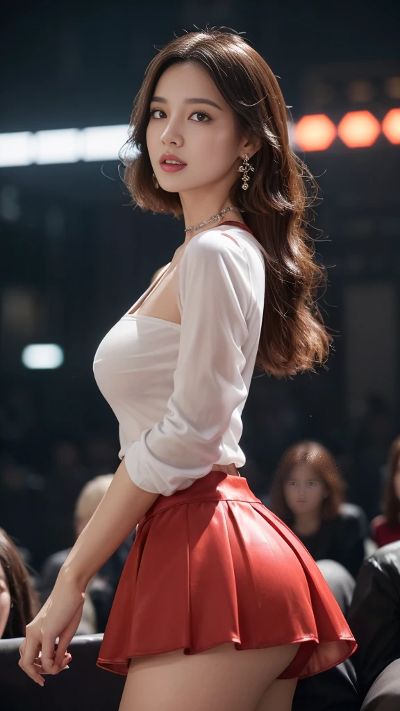 8K, masterpiece, RAW photos, best quality, Reality, extremely detailed CG unity 8K wallpaper, Depth of Field, light, lens flare, Ray Tracing, (Extremely beautiful face, Beautiful lips, beautiful eyes), Complex facial details, ((Ultra-delicate skin)) 1 Girl, in the darkness, Deep Shadows, Beautiful Korean girl, Korean Idol,(Very slim slender fit-muscled body:1.3), ((Looking at the audience)),(A bright smile:1.3), (Fashion City Night, (Neon), (Blurred background), midnight, (nobody), (Background nobody:1.3), Beautiful Korean girl, White Diamond Earrings, Diamond Bracelet, Deya Necklace, Pantyhose, Clear eyes, walk , front Photo, (Pale skin), Facing forward, (big eyes), full-body shot, ((see through, White top)), ((Red Skirt :1.3)), (Brown hair) (Looking at the audience:1.3), (Lace), Very slim, Medium breasts, Hermès bag